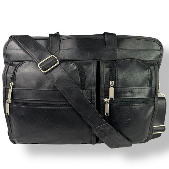Vintage Briefcase Laptop Travel Bag Distressed Black Leather Rustic Rugged - Picture 2 of 15